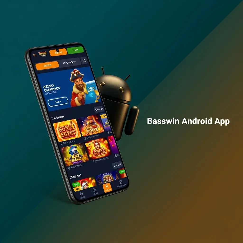 Basswin Android app interface showing mobile sports betting and casino games available for free download on Android devices