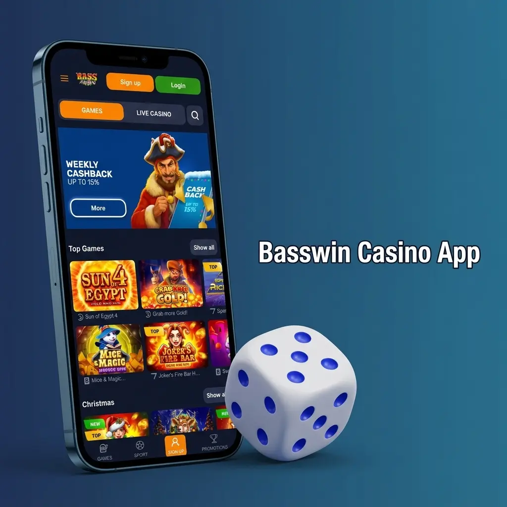 Basswin casino app interface showing slots, live casino games and sports betting in one mobile platform
