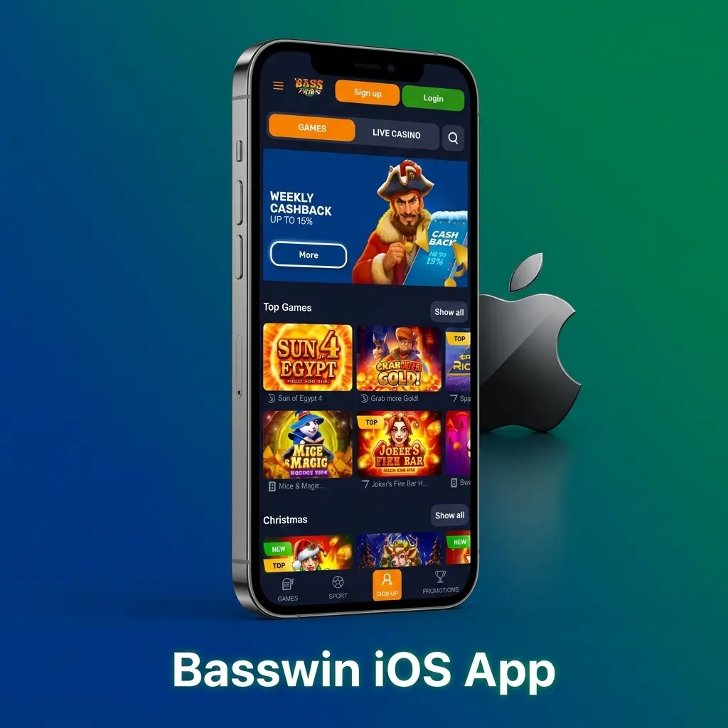 Basswin iOS app for iPhone and iPad showing sports betting, casino games, live dealers and payment features on Apple devices.