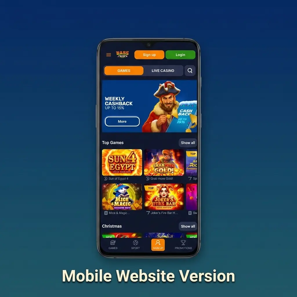 Basswin mobile website interface showing touch-optimised layout with casino and live betting sections on a smartphone screen