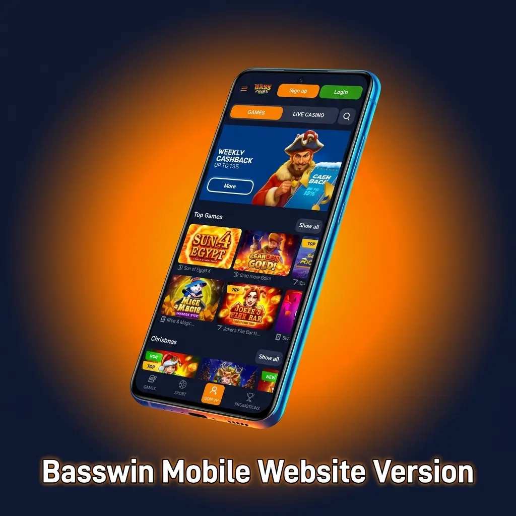 Basswin mobile website interface displayed on smartphone and tablet, showing sports betting and casino features accessible via browser
