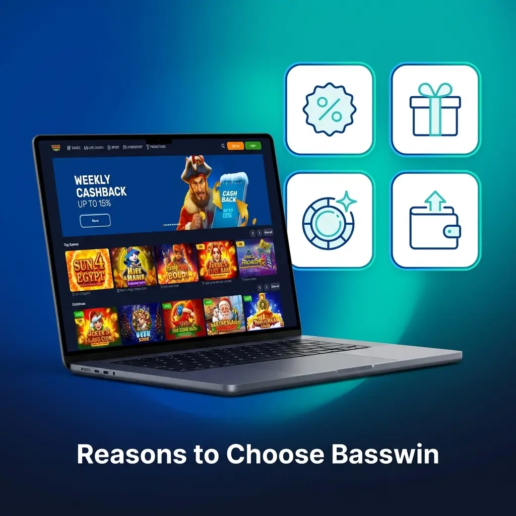 Basswin platform showing sports betting markets, casino games, fast payouts, and 24/7 support for UK players