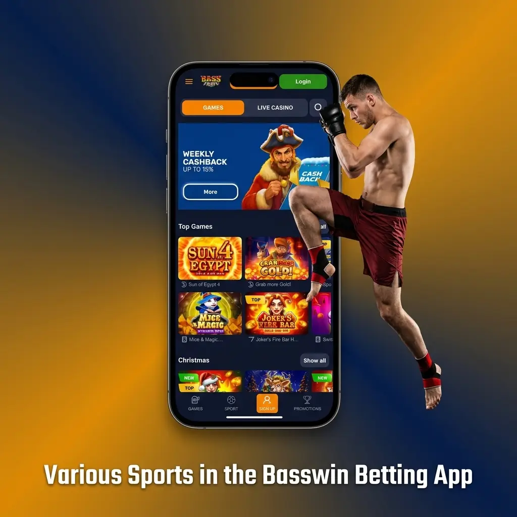 Basswin betting app sports menu showing football, basketball, tennis, eSports and more available for LIVE and pre-match betting